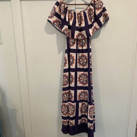 Boho Off Shoulder Maxi Dress Small Purple Geometric Folk Print Ruffle Festival - Picture 3 of 14